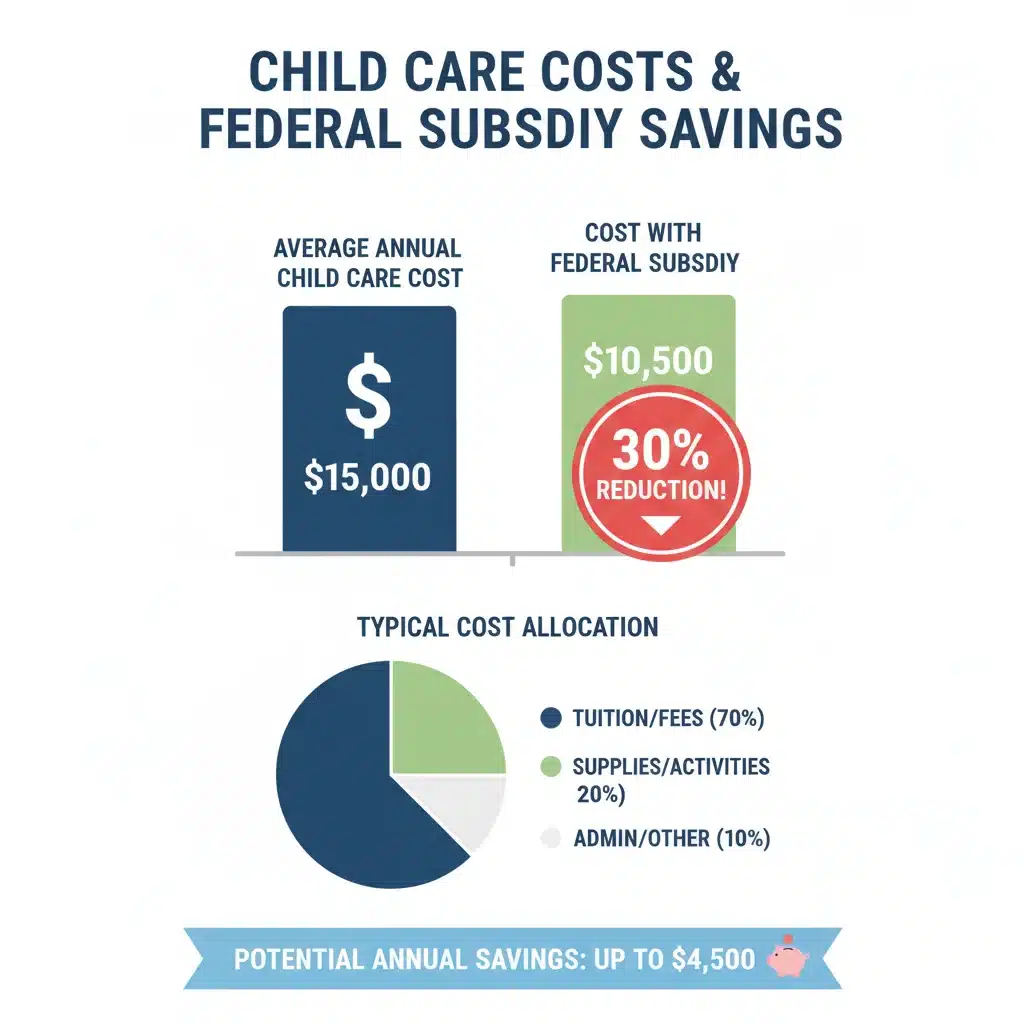 Infographic illustrating child care cost reduction with federal subsidies