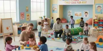Happy children and caregiver in a modern child care center, symbolizing affordable quality care