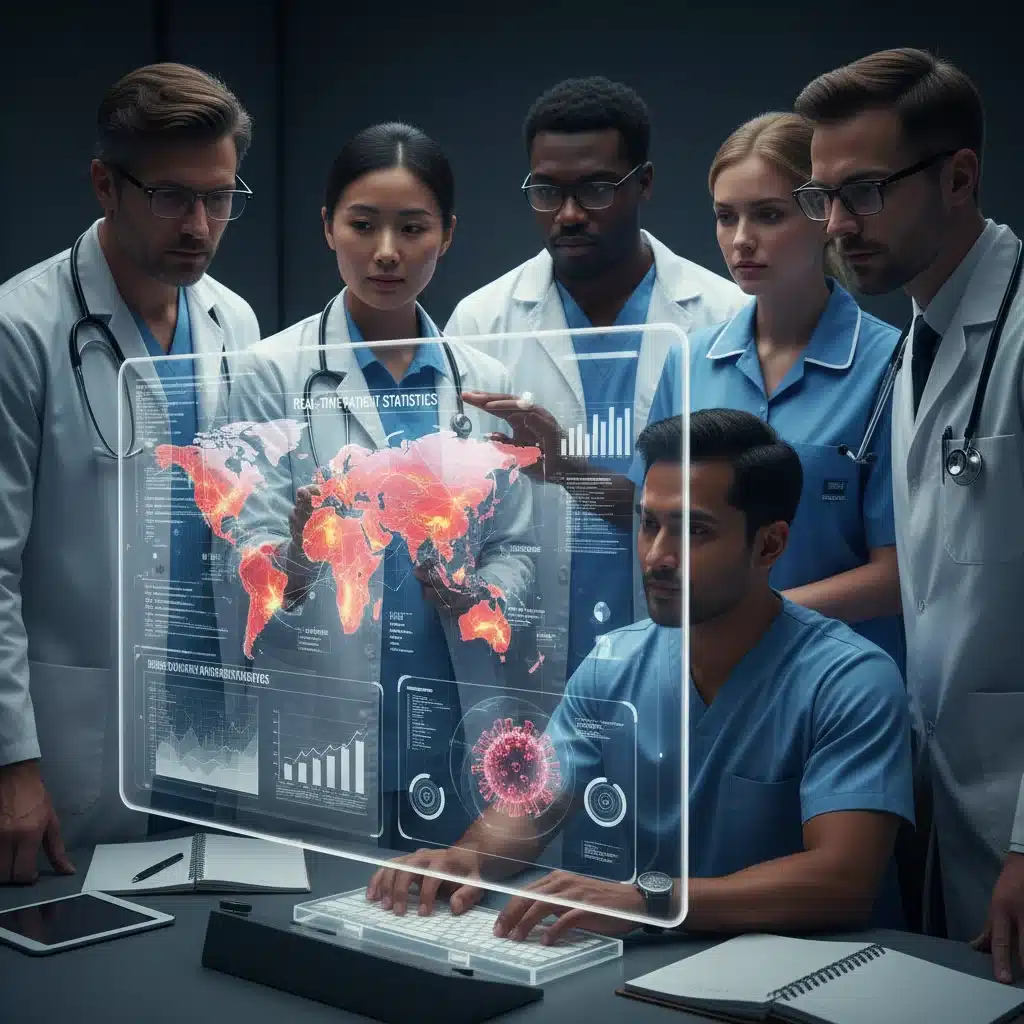 Healthcare professionals analyzing epidemiological data on a large screen