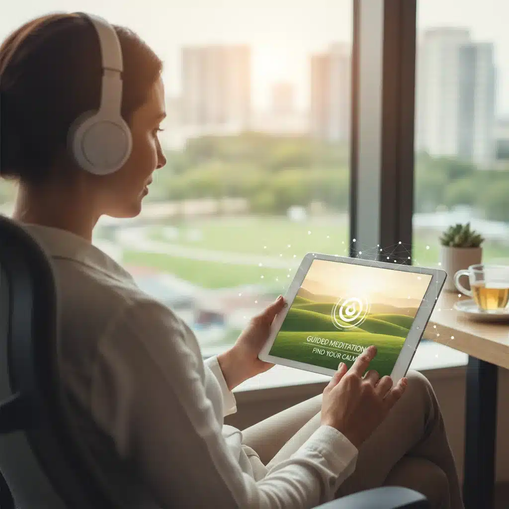 Employee using a digital mental wellness application at work