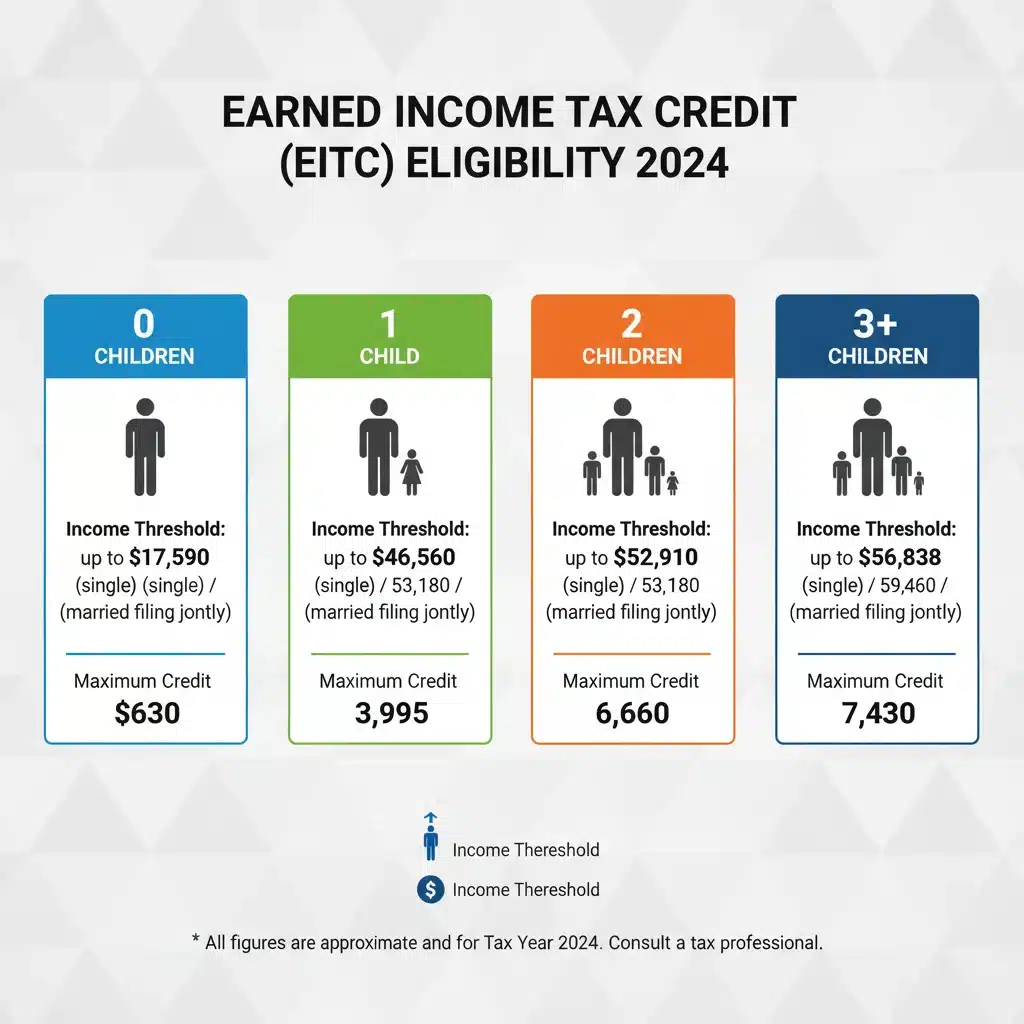 Infographic showing EITC eligibility criteria and income limits for various family sizes.