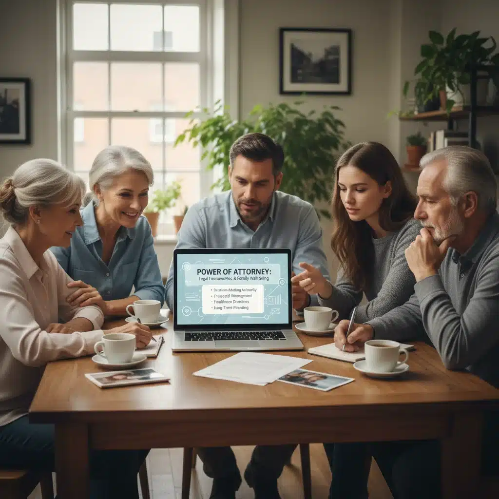 Family discussing long-term care plans and legal documents
