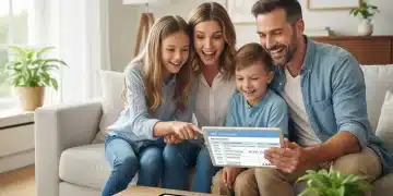 Smiling family reviewing tax information on a tablet, symbolizing EITC benefits.