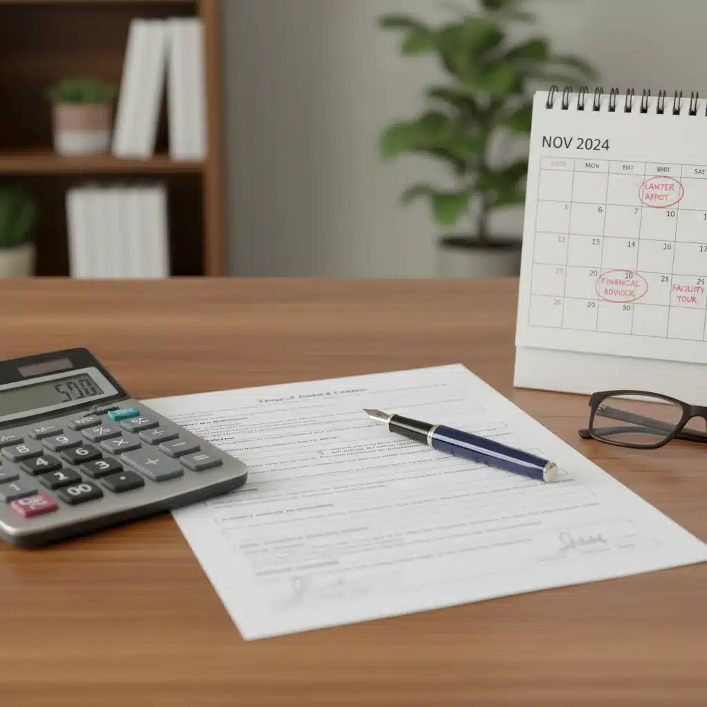 Financial documents, calculator, and calendar, symbolizing financial and legal planning for senior care