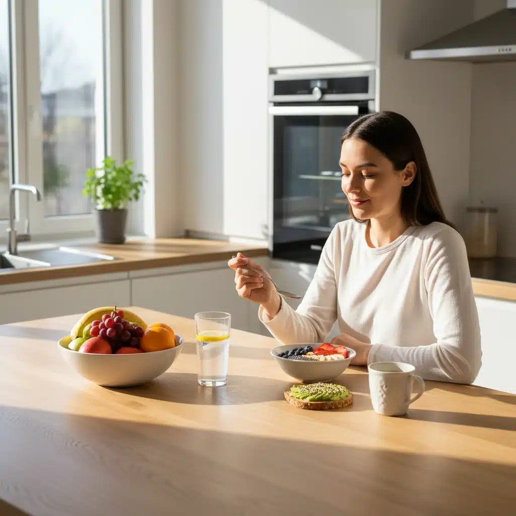 Person eating a healthy breakfast, showcasing the link between nutrition and mental well-being.