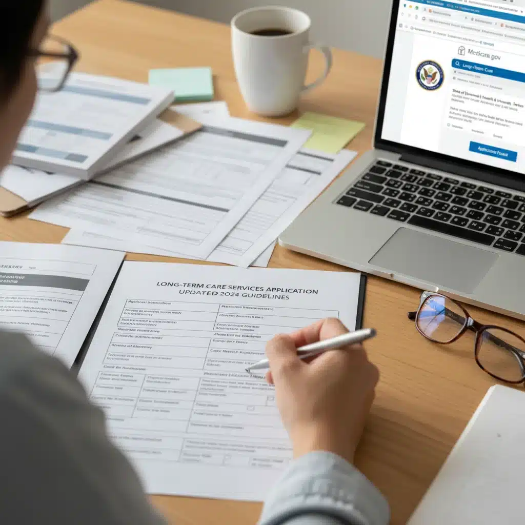 Person filling out long-term care application forms for Medicaid.