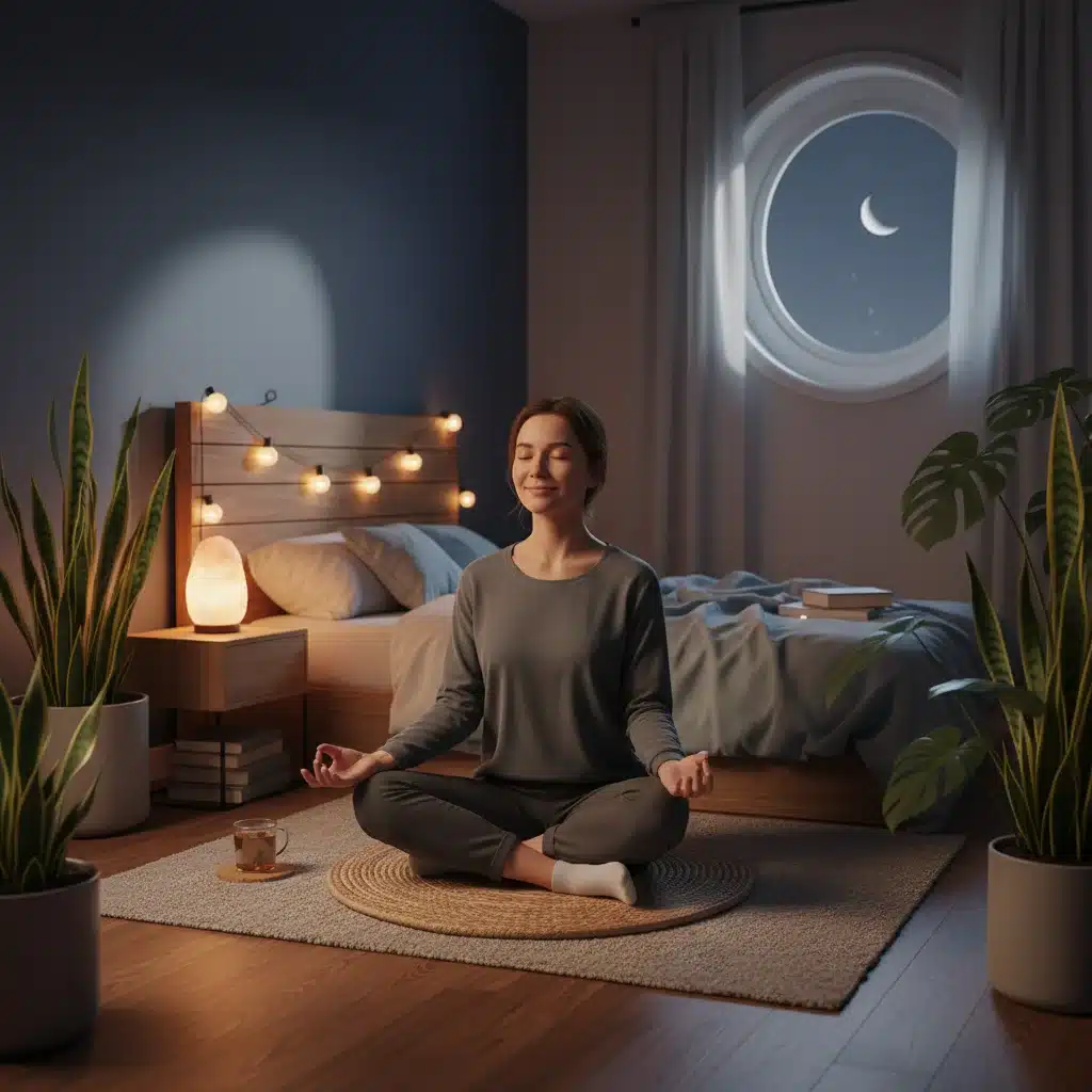 Person meditating before bed in a dimly lit room, promoting relaxation and sleep.