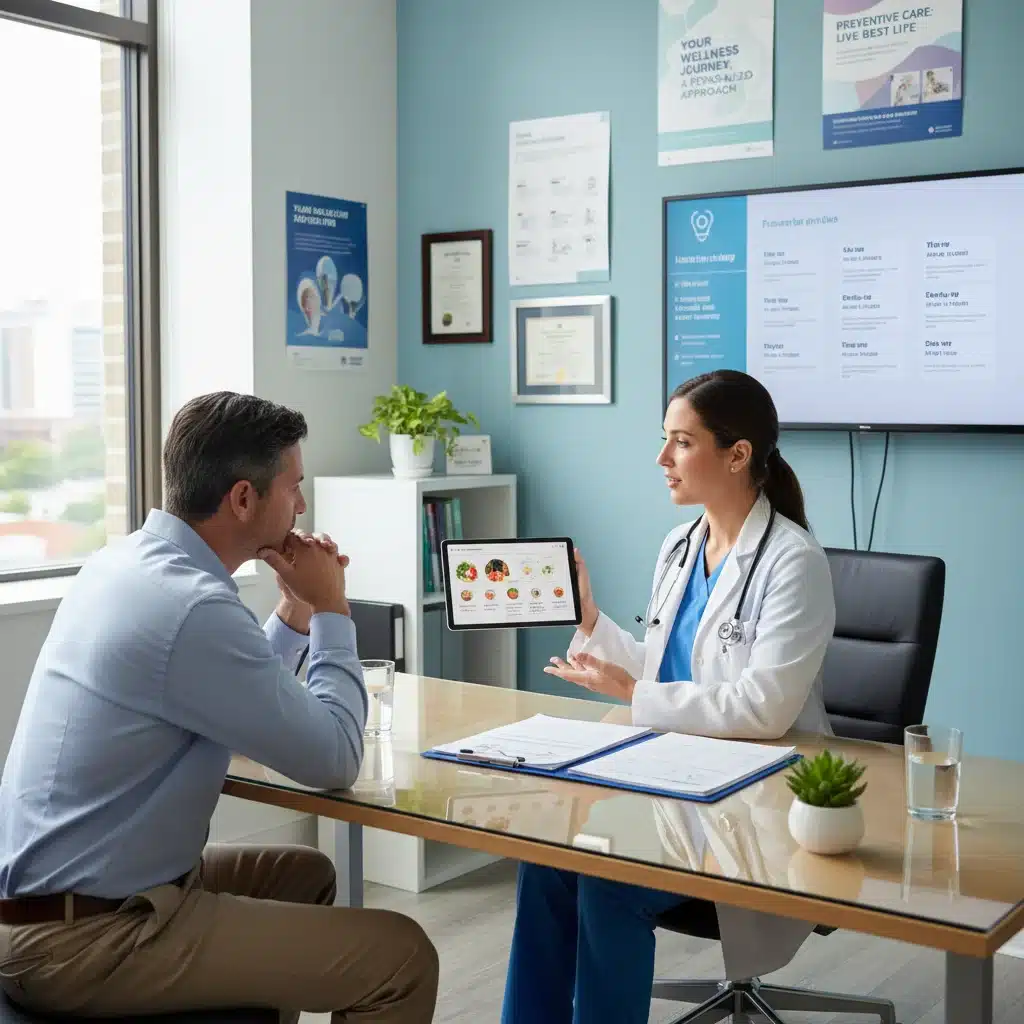 Healthcare professional discussing preventive measures with a patient in a modern clinic environment.