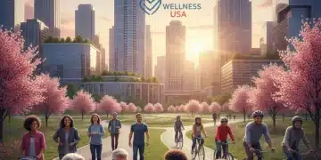 Diverse individuals practicing preventive health activities in an urban setting, symbolizing a healthy future for the US.