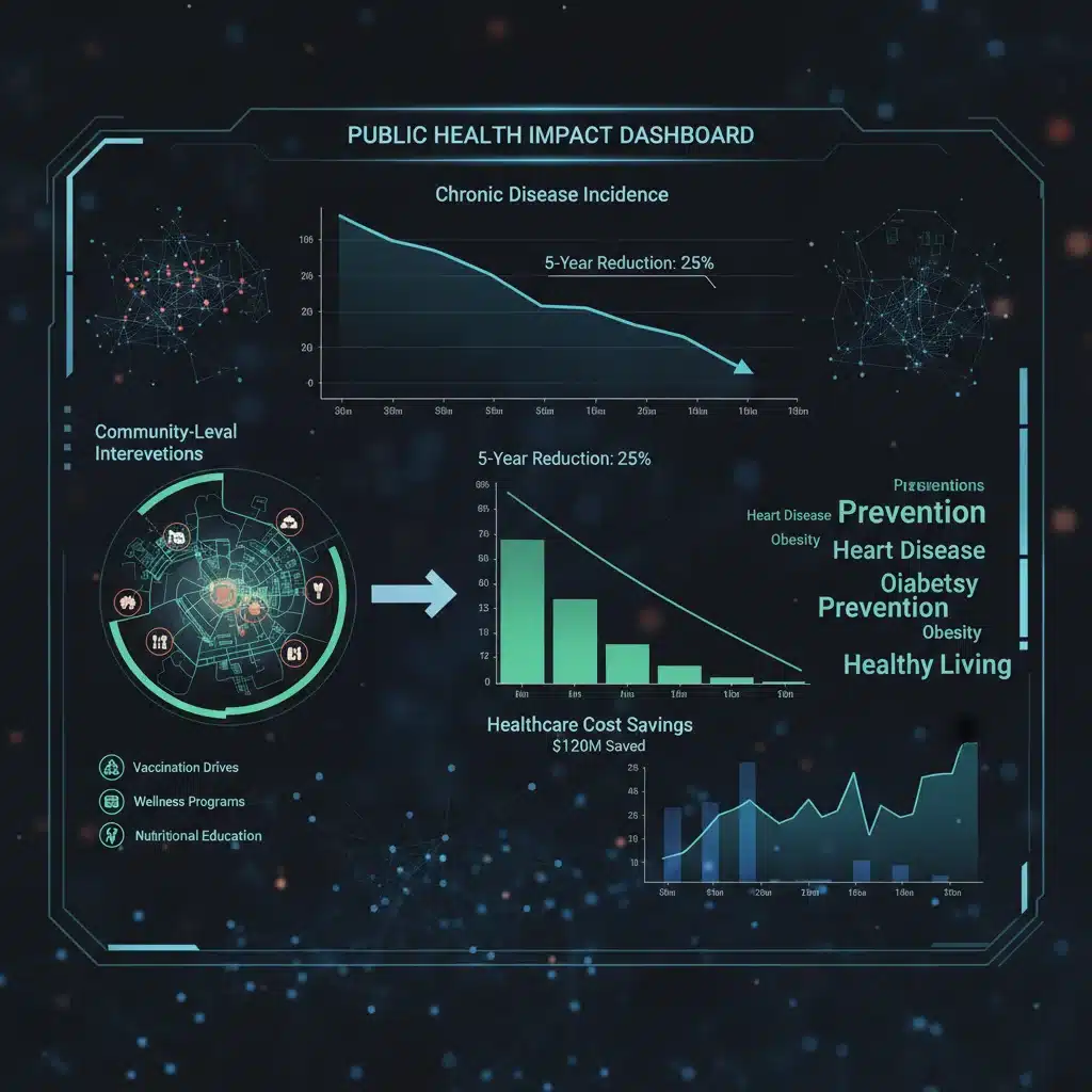 Digital dashboard displaying public health data, showing positive trends in disease reduction and cost savings.