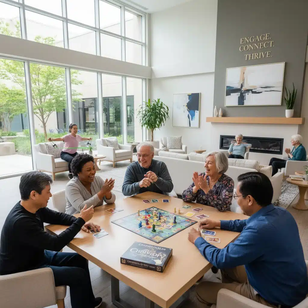 Seniors engaged in activities in a modern living facility, promoting social interaction and well-being