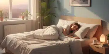 Serene bedroom with person sleeping peacefully at dawn, symbolizing good sleep and mental health.