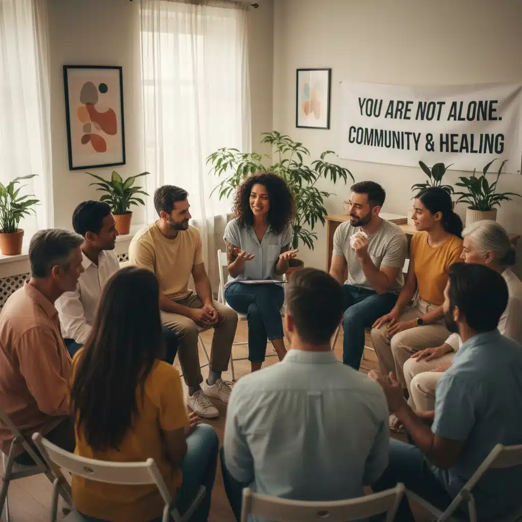 Diverse people in support group, active listening, community mental health.