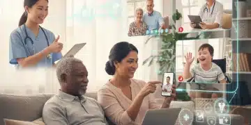 Diverse individuals connecting virtually for telehealth caregiving, symbolizing remote health support.