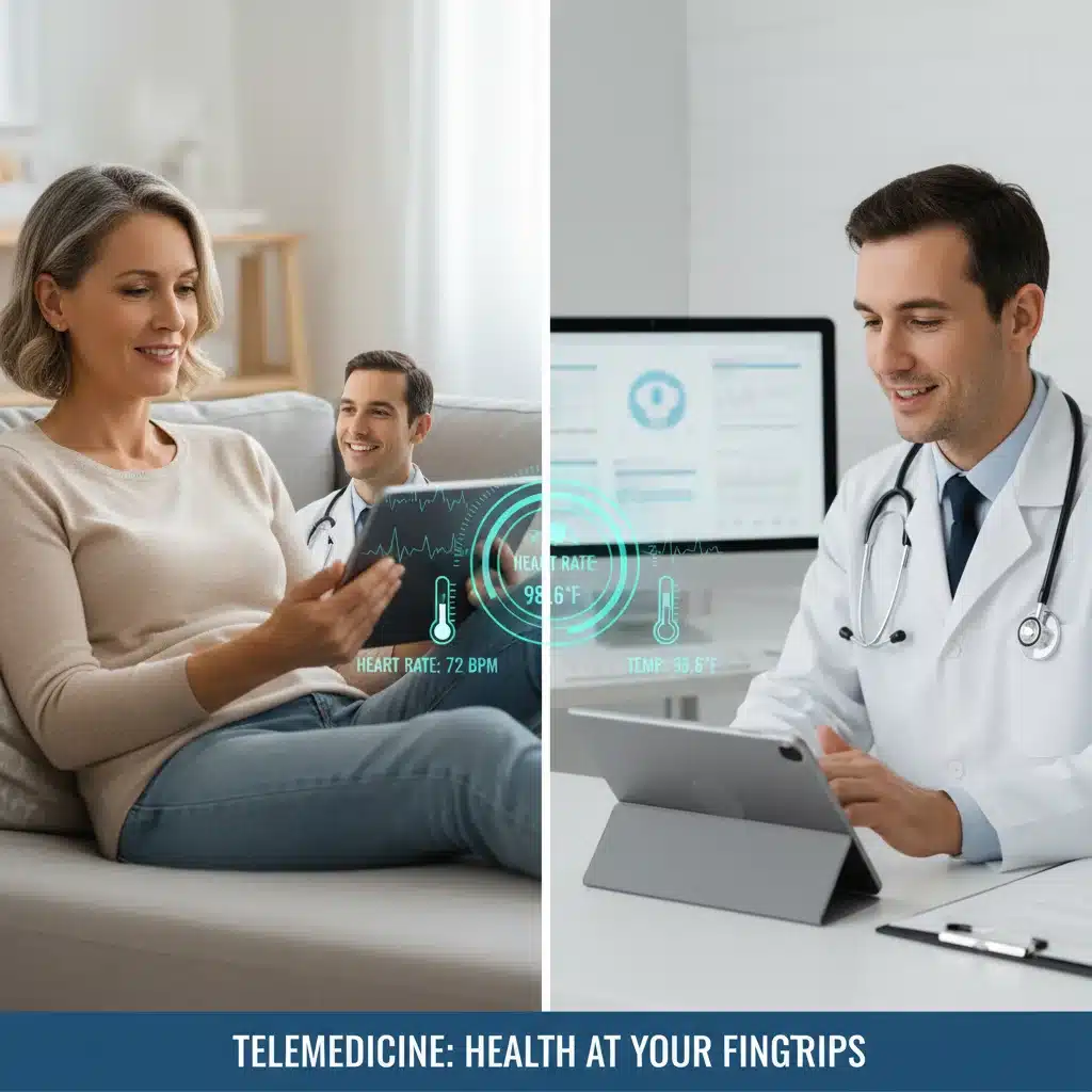 Telemedicine consultation between doctor and patient, showing remote monitoring