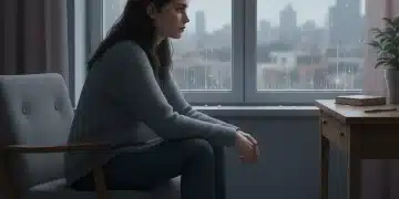 Thoughtful person looking out window, melancholic expression, early depression signs.