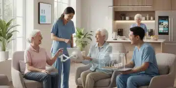 Caregivers smiling with elderly in a modern home, showcasing assistive technology integration.