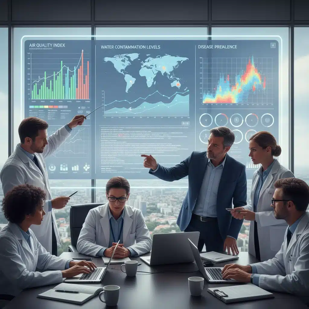 Scientists and public health experts analyzing environmental health data