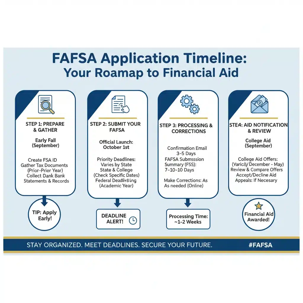 FAFSA application timeline infographic with important dates
