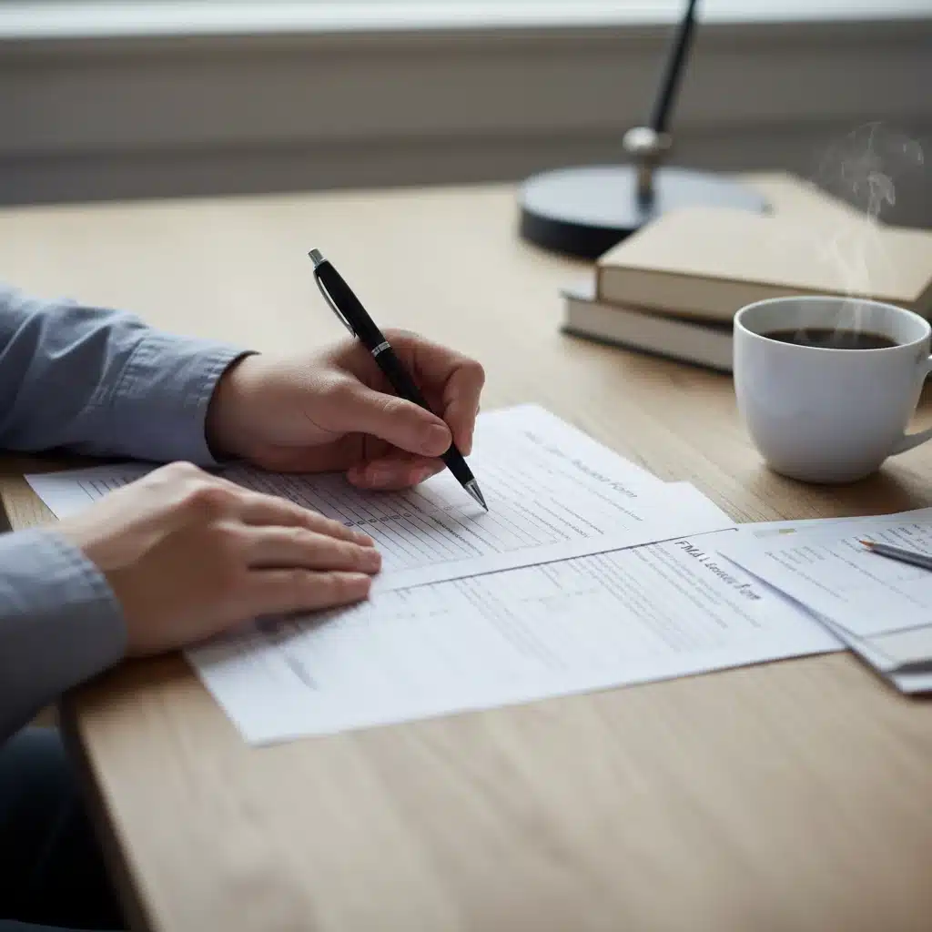 Person meticulously filling out FMLA application forms for caregiver leave.