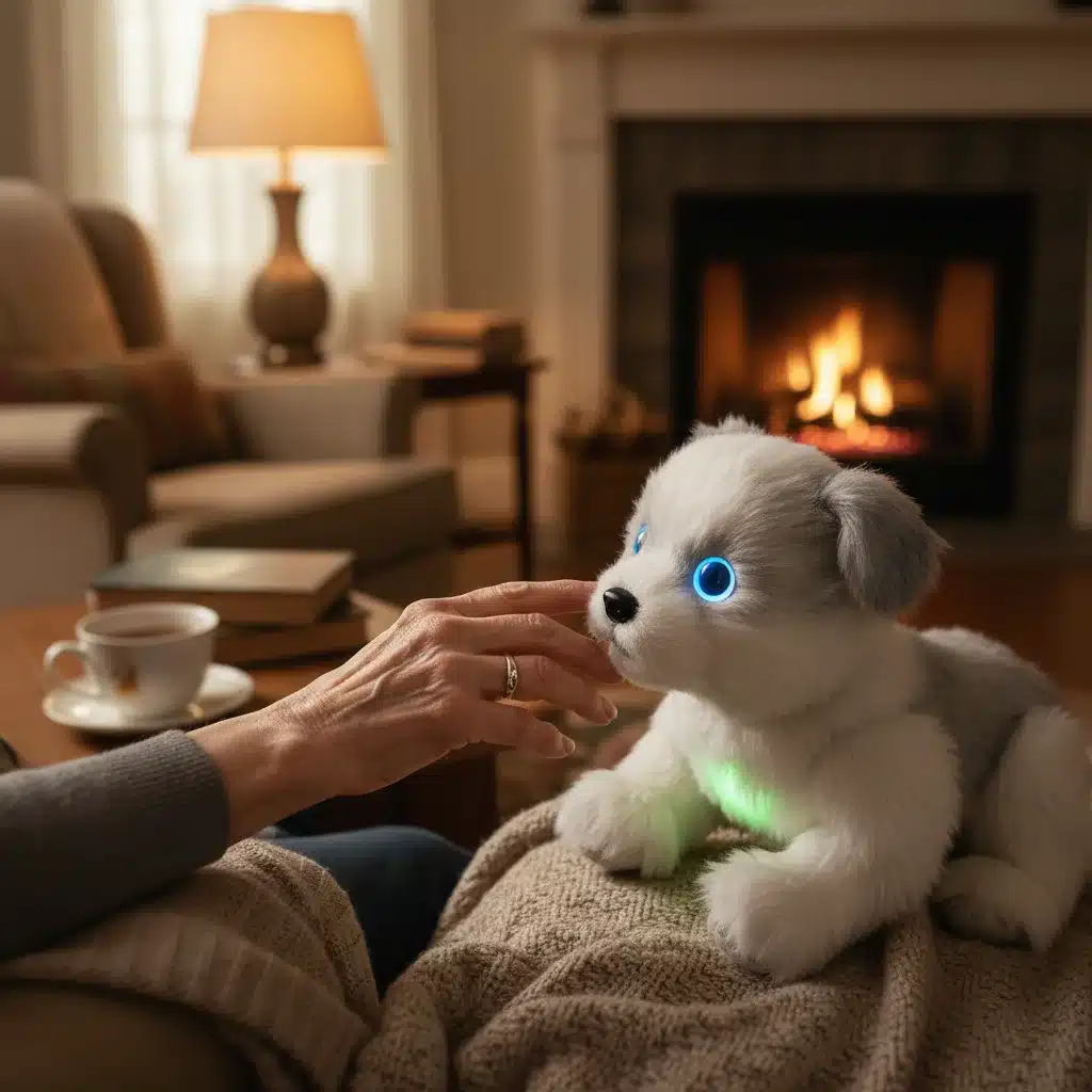 Robotic companion pet comforting an elderly person's hand in a cozy living room.