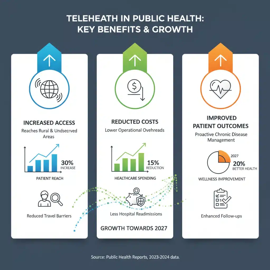 Infographic showing key benefits and data points of telehealth in public health.