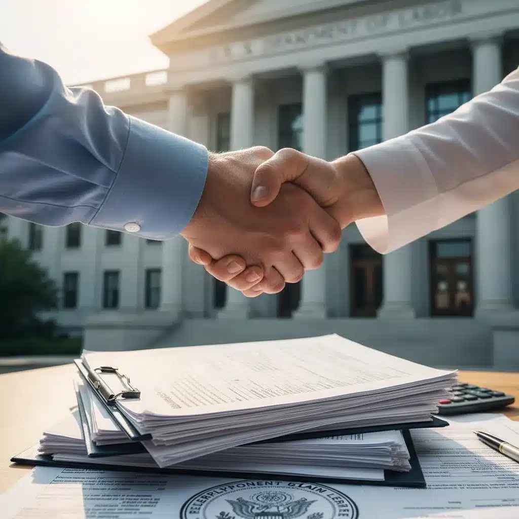 Hands shaking over documents, symbolizing unemployment benefit approval and support