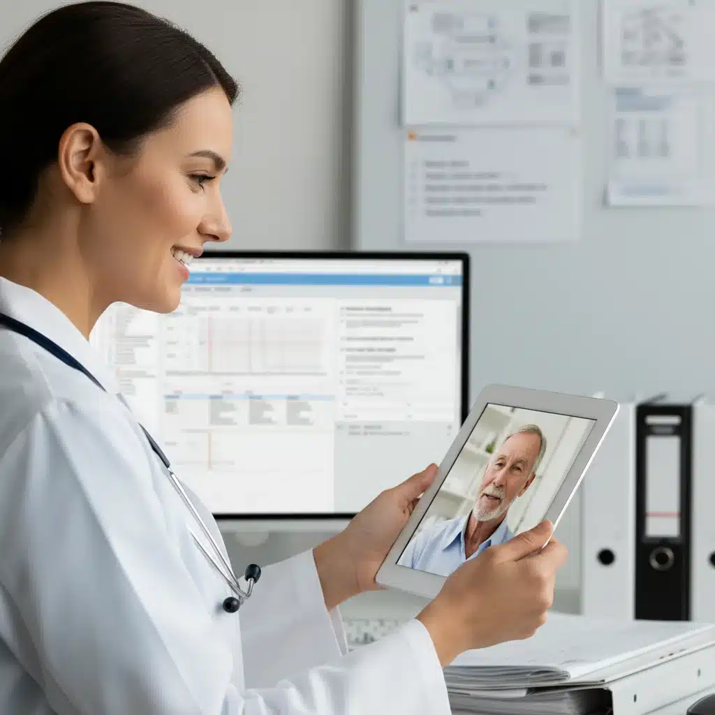 Healthcare professional conducting a virtual consultation with a patient on a tablet.