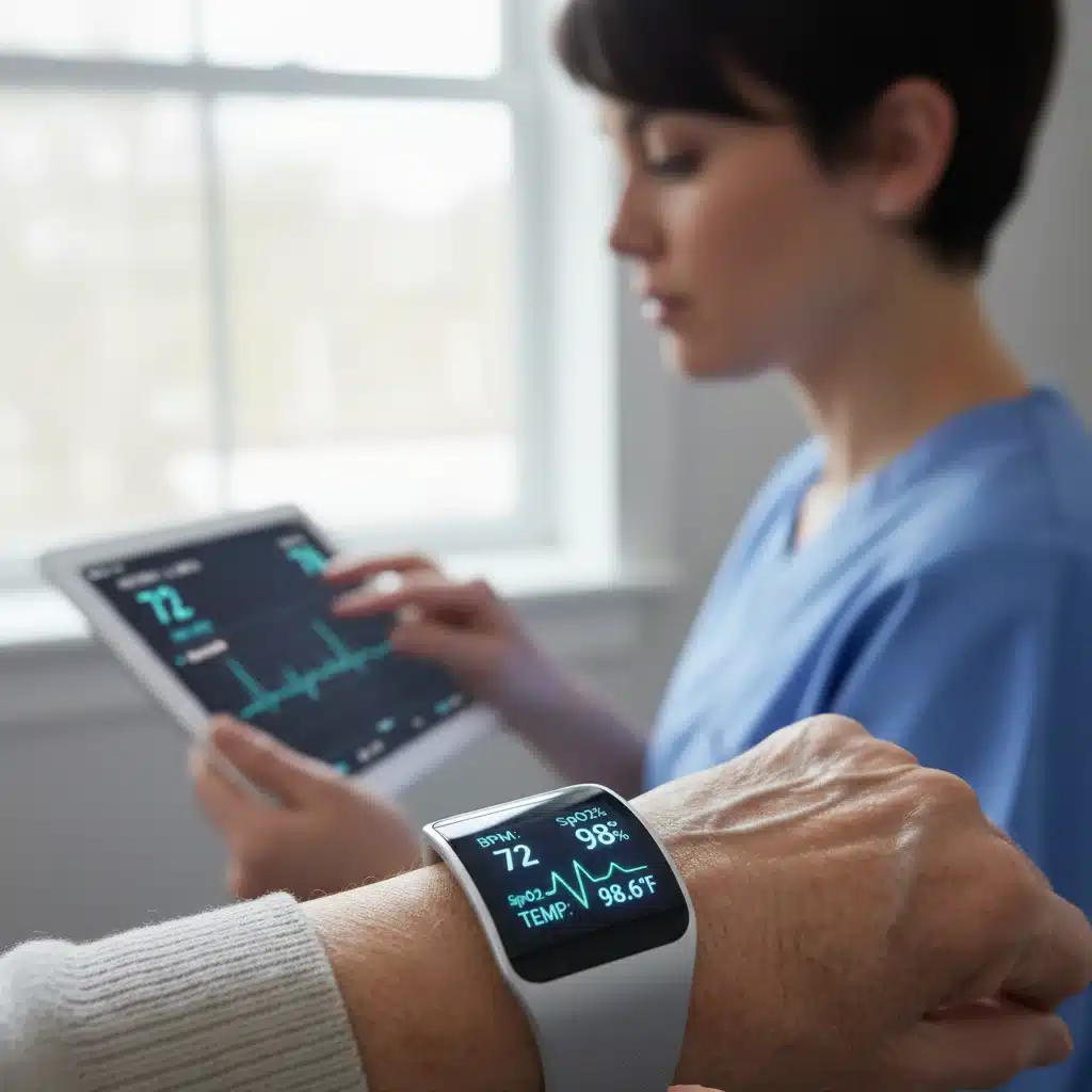 Elderly person wearing a smart health monitor, caregiver reviewing data on a tablet.