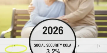 Calendar showing 2026 with Social Security COLA and 3.2% highlighted, symbolizing future financial planning.
