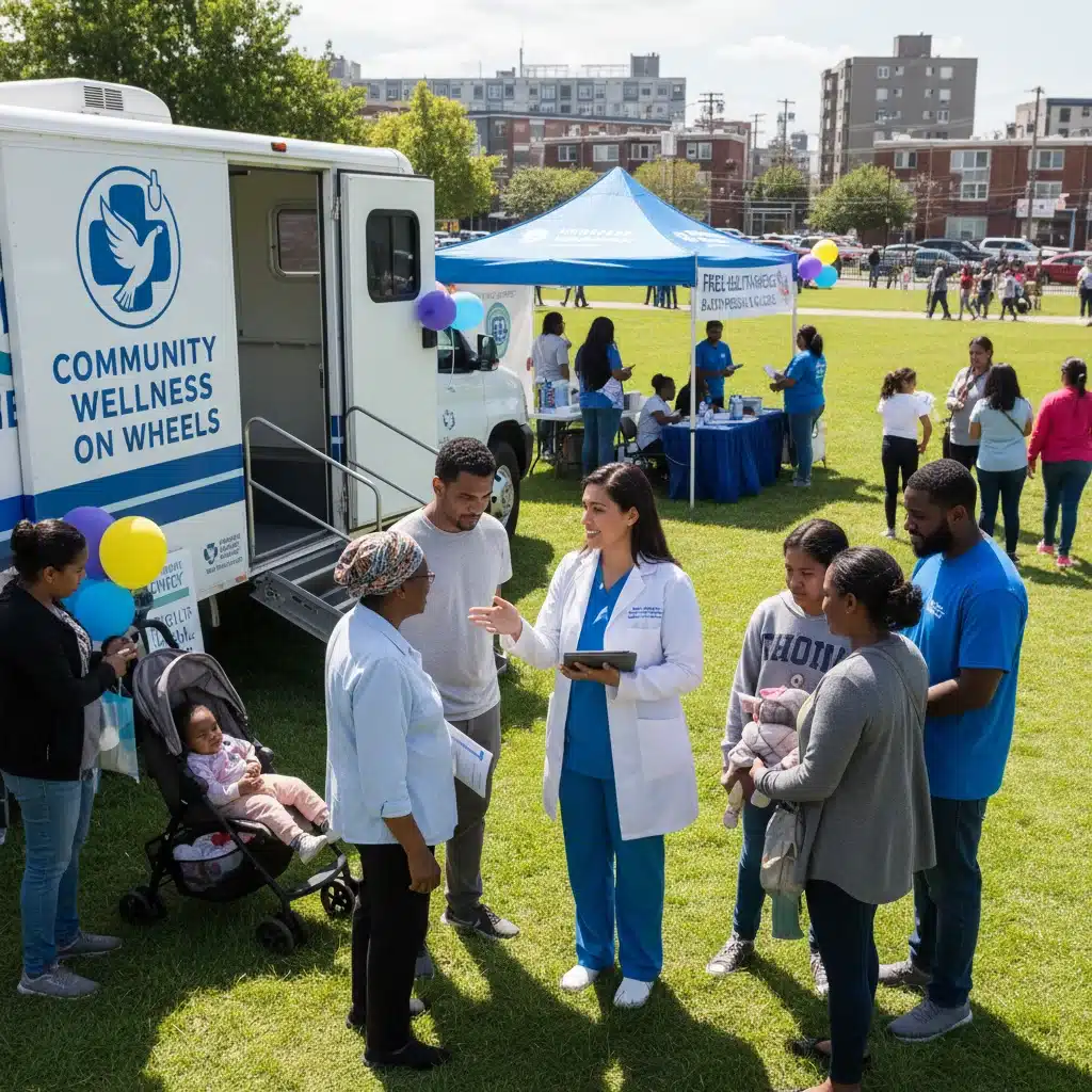 Healthcare professional engaging with diverse community members at a health outreach event.