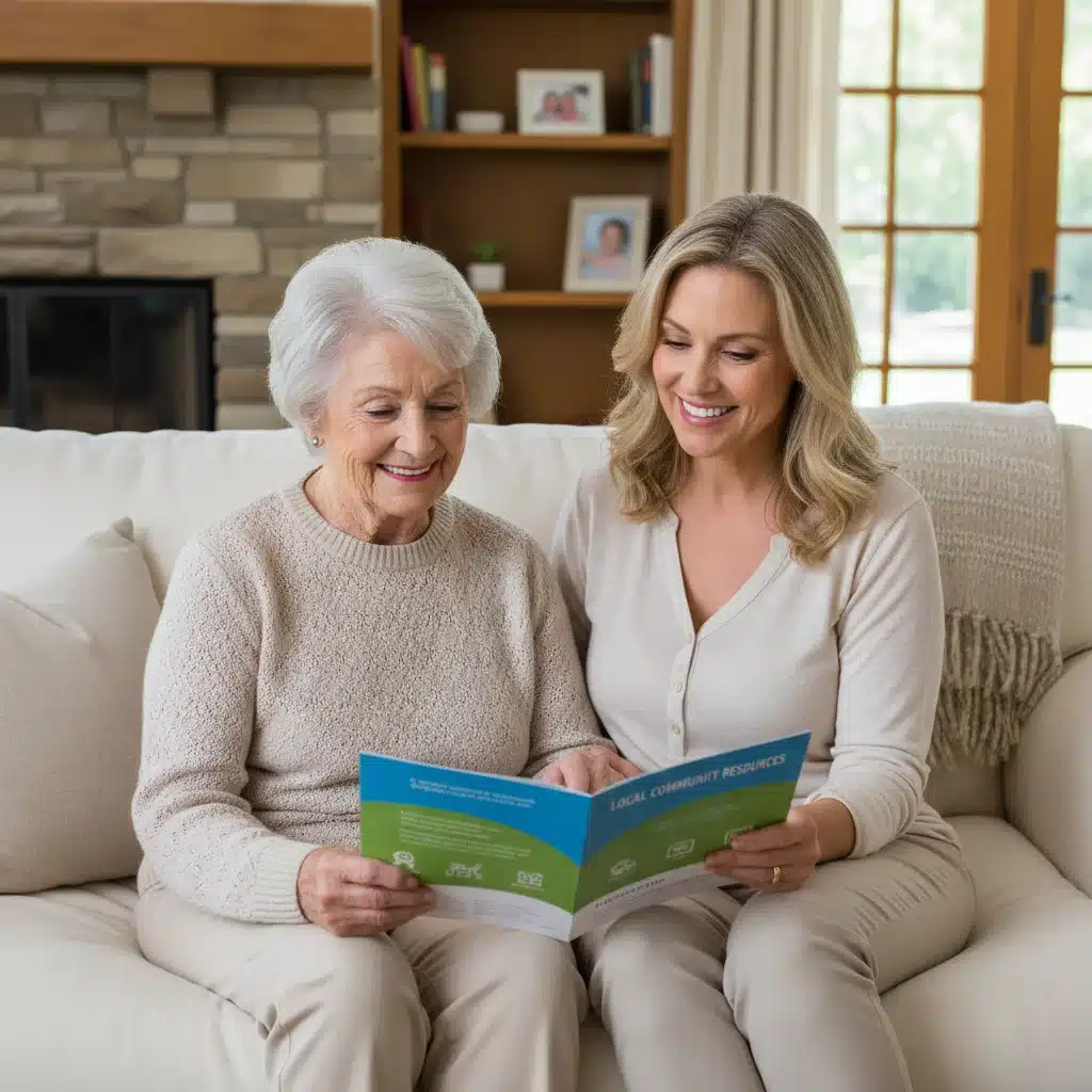 Elderly person and caregiver reviewing local community resources brochure