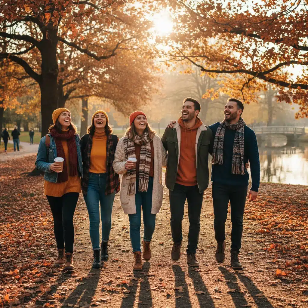 Friends enjoying a walk outdoors on a sunny autumn day.