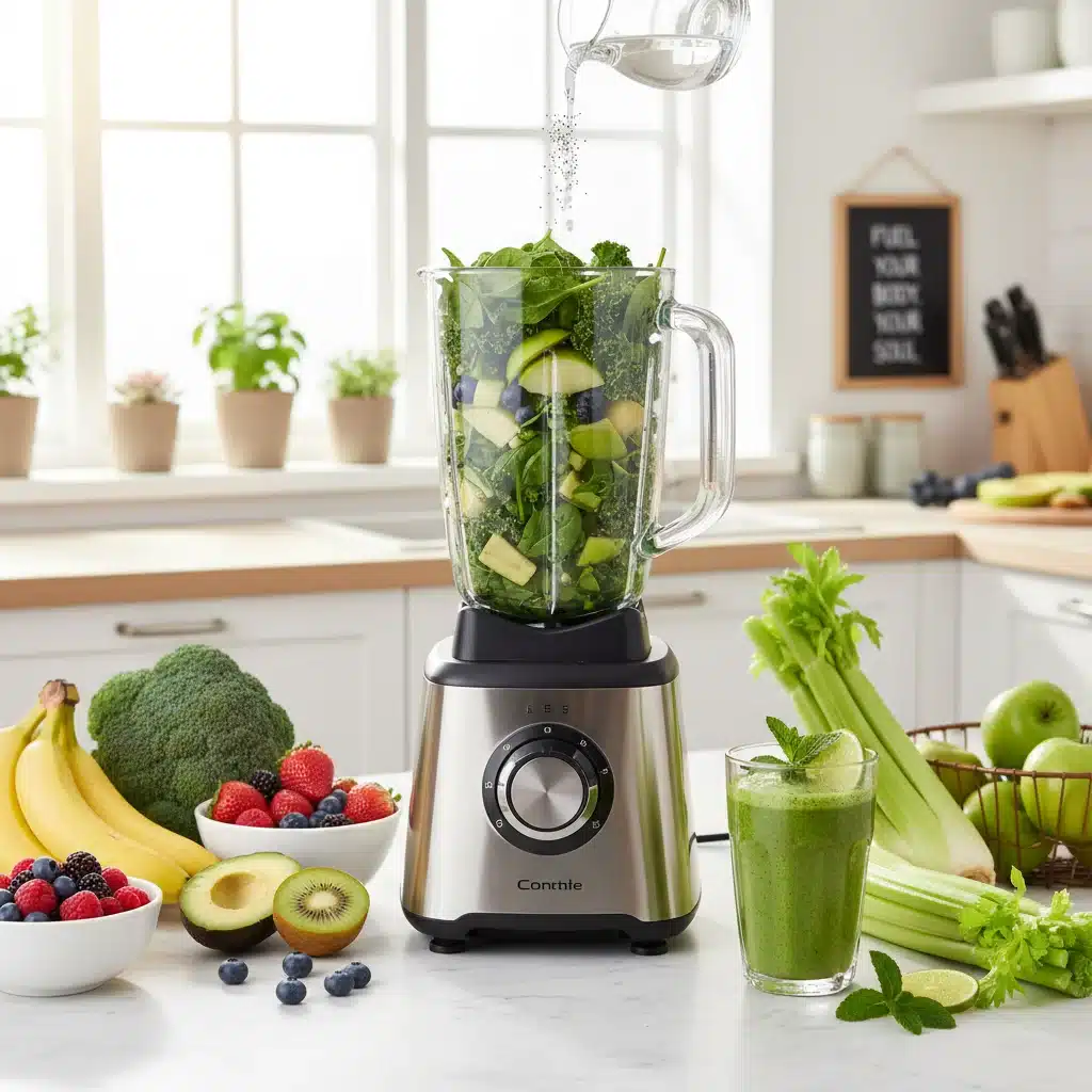 Close-up of a healthy green smoothie being blended, surrounded by fresh produce.