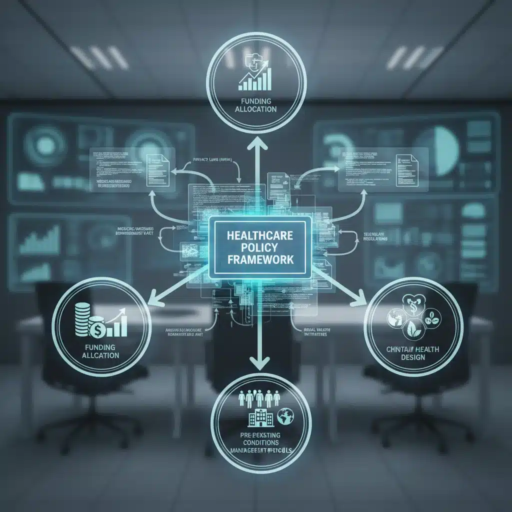 Interconnected policy documents and regulations influencing healthcare systems.