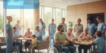 Diverse group of caregivers and care recipients in a supportive community setting, representing respite care services.