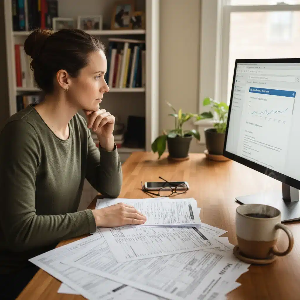 Individual reviewing tax forms and computer for caregiver deductions
