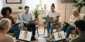 People receiving mental health support through teletherapy on various devices.