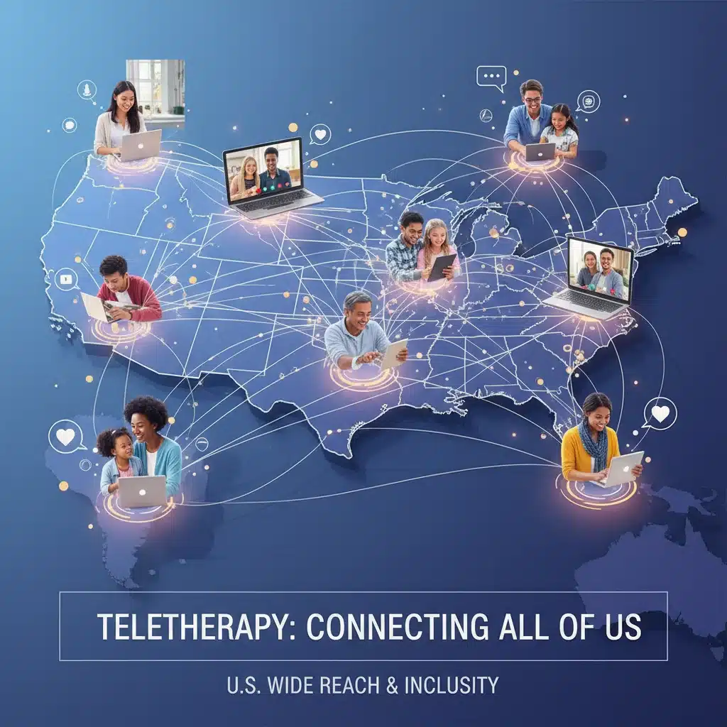 Digital network representing widespread teletherapy access in the United States.