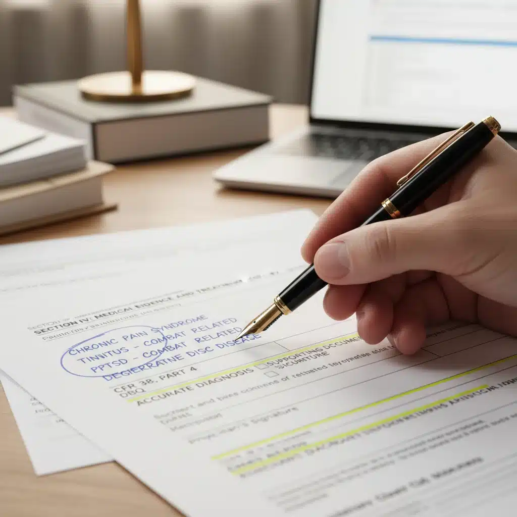 Close-up of VA disability claim form with pen